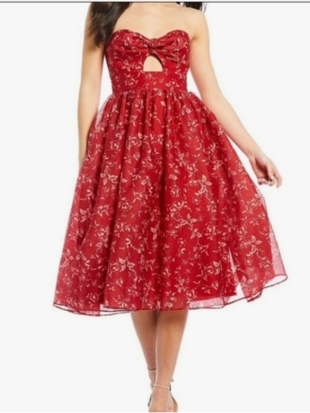 Red Floral Strapless Bow-Back Formal Dress NWT
